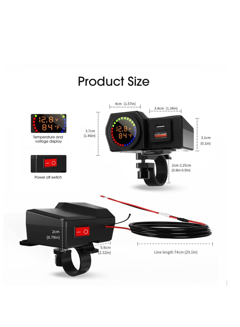 Motorcycle Phone Charger, Motorcycle Waterproof 3 in 1 USB Charger, With Voltmeter and Thermometer, Fast Charge QC 3.0/2.0 and PD, 12V for Motorcycle ATV UTV (7/8inch Handlebar)