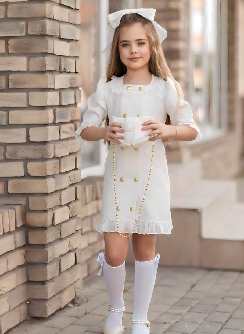 Chic 4-Piece Girls' Eid Celebration Ensemble: Dress, Hair Clip, Handbag, and Long Socks - Coordinated Colors, Made in Turkey