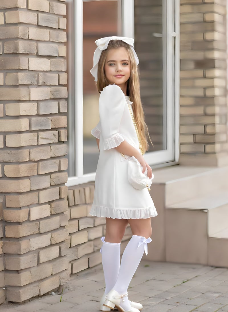 Chic 4-Piece Girls' Eid Celebration Ensemble: Dress, Hair Clip, Handbag, and Long Socks - Coordinated Colors, Made in Turkey