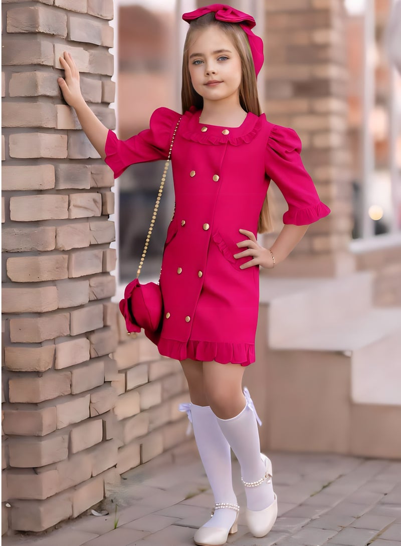 Dress Chic 4-Piece Girls' Celebration Ensemble: Includes Dress, Hair Clip, Handbag, and Long Socks - Coordinated Colors, Made in Turkey