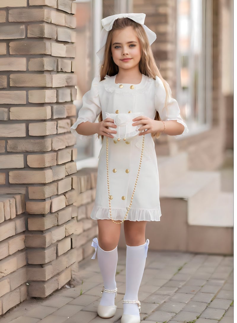 Dress Chic 4-Piece Girls' Celebration Ensemble: Includes Dress, Hair Clip, Handbag, and Long Socks - Coordinated Colors, Made in Turkey