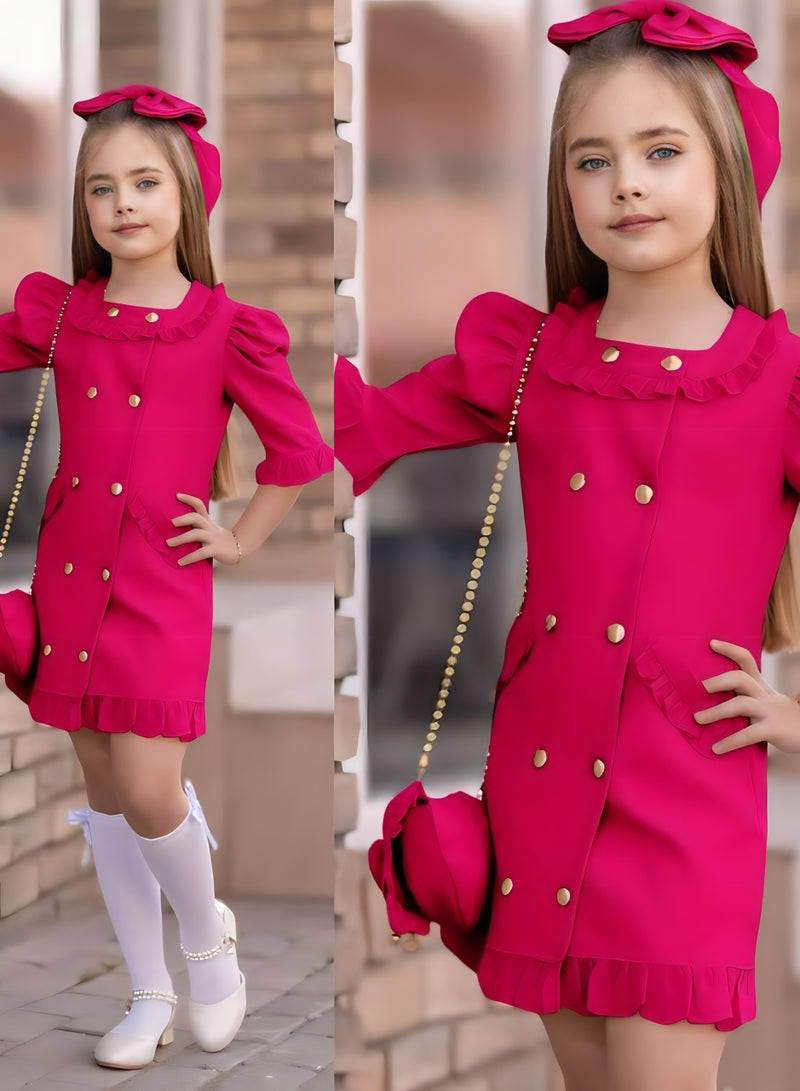 Dress Chic 4-Piece Girls' Celebration Ensemble: Includes Dress, Hair Clip, Handbag, and Long Socks - Coordinated Colors, Made in Turkey