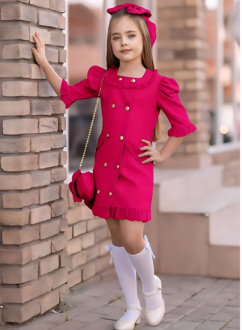 Dress Chic 4-Piece Girls' Celebration Ensemble: Includes Dress, Hair Clip, Handbag, and Long Socks - Coordinated Colors, Made in Turkey