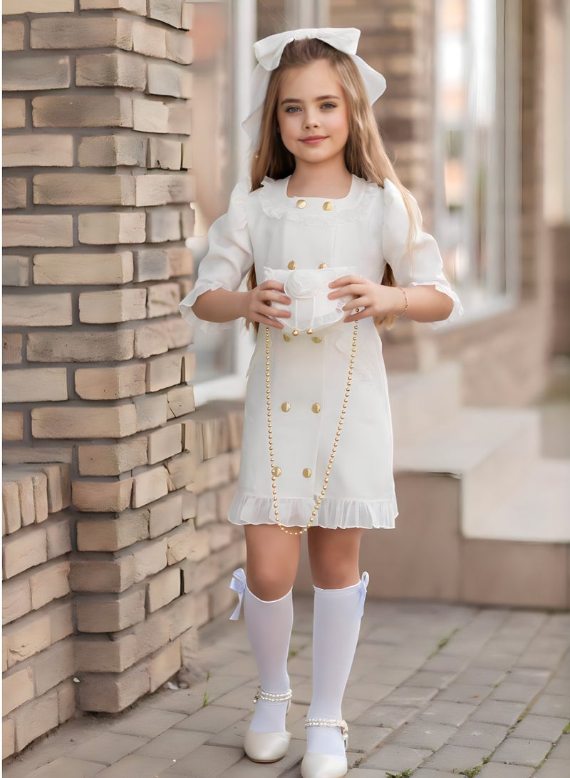 Dress Chic 4-Piece Girls' Celebration Ensemble: Includes Dress, Hair Clip, Handbag, and Long Socks - Coordinated Colors, Made in Turkey