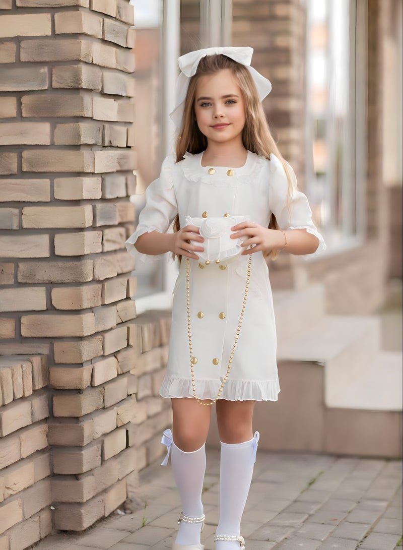 Dress Chic 4-Piece Girls' Celebration Ensemble: Includes Dress, Hair Clip, Handbag, and Long Socks - Coordinated Colors, Made in Turkey