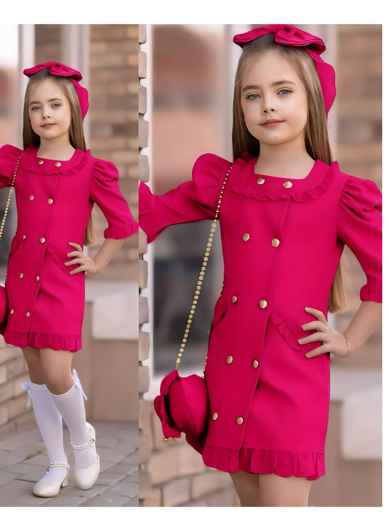 Dress Chic 4-Piece Girls' Celebration Ensemble: Includes Dress, Hair Clip, Handbag, and Long Socks - Coordinated Colors, Made in Turkey