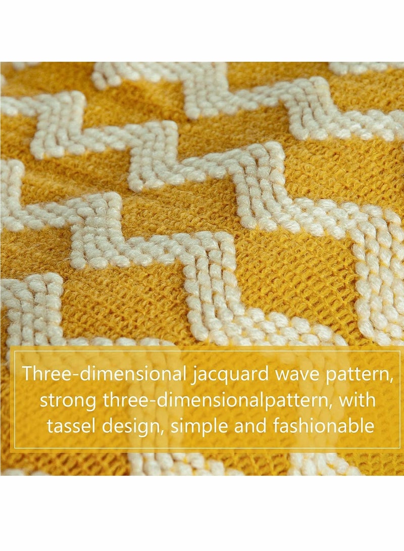 Acrylic Knitted Throw Blanket, Lightweight and Soft Decorative Woven Blanket with Tassels for Bed, Sofa, 51 x 67 Inches, Mustard Yellow Wave