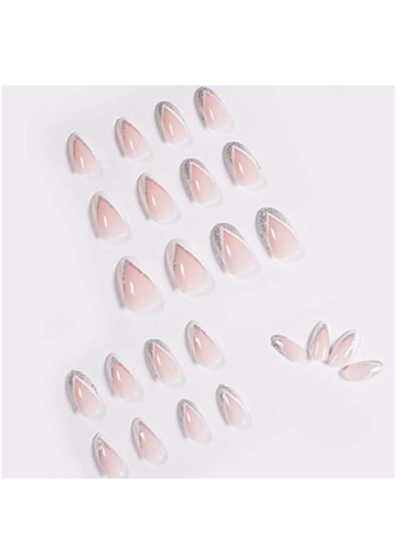 Nail Patches Silver Side StyleFake Nails Short Press on Nails Square Crystal False Nails Prom Nails Full Cover Nails Tips 24pcs for Women and Girls et Shipped Without Glue