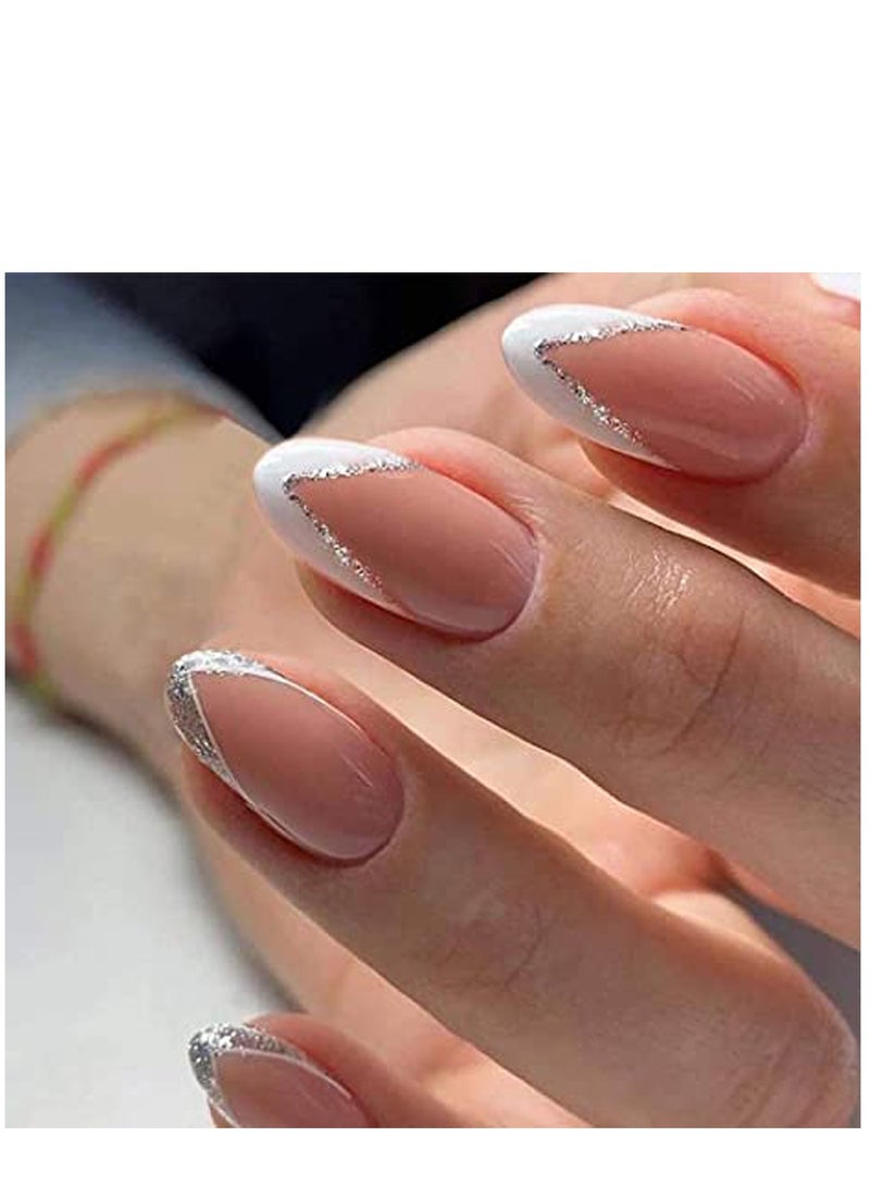 Nail Patches Silver Side StyleFake Nails Short Press on Nails Square Crystal False Nails Prom Nails Full Cover Nails Tips 24pcs for Women and Girls et Shipped Without Glue
