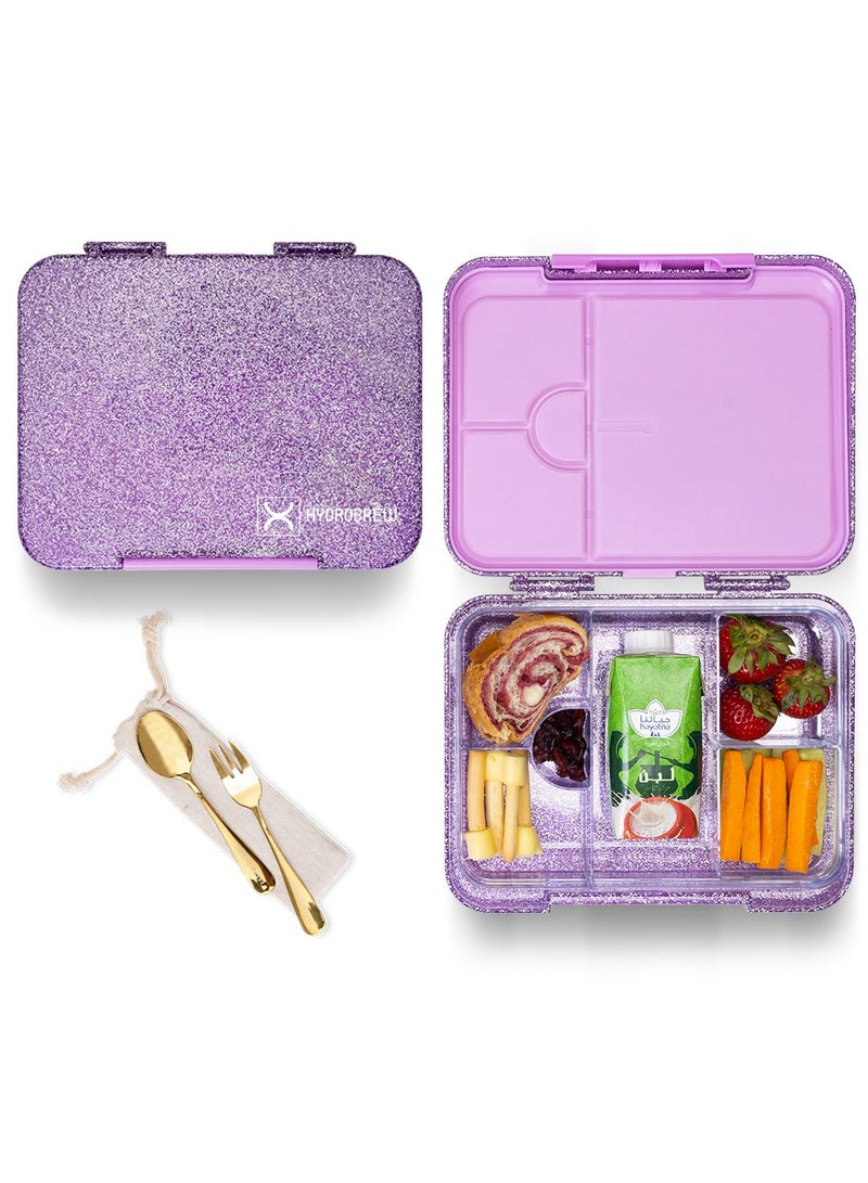 6 And 4 Convertible Bento Lunch Box With  Spoon And Fork Set - Glitter Purple