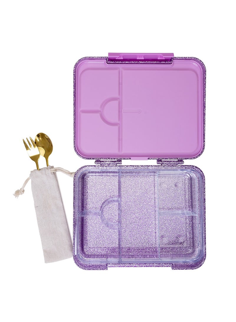 6 And 4 Convertible Bento Lunch Box With  Spoon And Fork Set - Glitter Purple