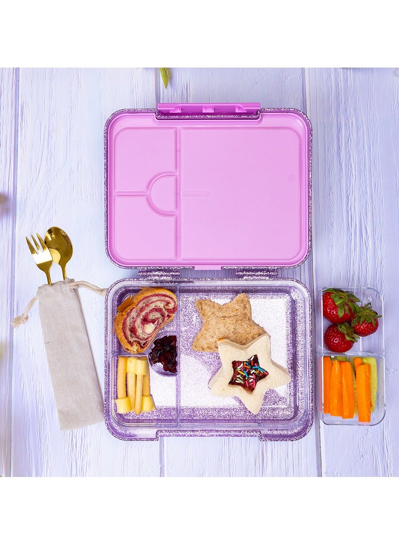 6 And 4 Convertible Bento Lunch Box With  Spoon And Fork Set - Glitter Purple