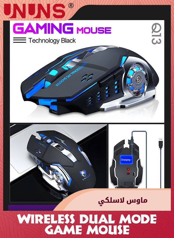 Wireless Gaming Mouse,Dual-Mode Rechargeable Gamer Mice,2.4G Wireless Bluetooth 5.0,Adjustable DPI,7 Cool RGB Backlit,6 Programmable Buttons,Built-in 600mAh Battery,For PC Notebook Mac,Black