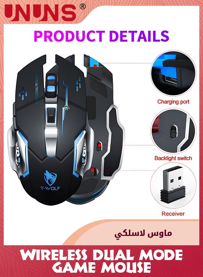Wireless Gaming Mouse,Dual-Mode Rechargeable Gamer Mice,2.4G Wireless Bluetooth 5.0,Adjustable DPI,7 Cool RGB Backlit,6 Programmable Buttons,Built-in 600mAh Battery,For PC Notebook Mac,Black