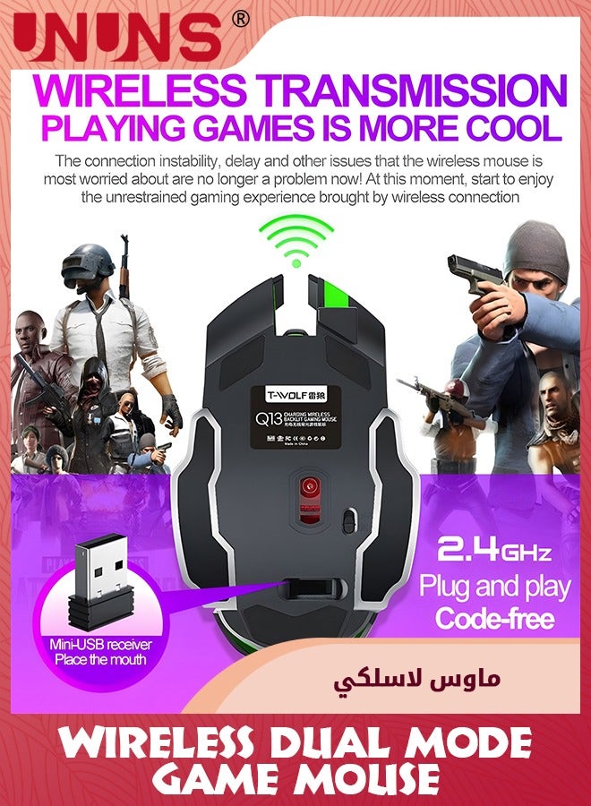 Wireless Gaming Mouse,Dual-Mode Rechargeable Gamer Mice,2.4G Wireless Bluetooth 5.0,Adjustable DPI,7 Cool RGB Backlit,6 Programmable Buttons,Built-in 600mAh Battery,For PC Notebook Mac,Black