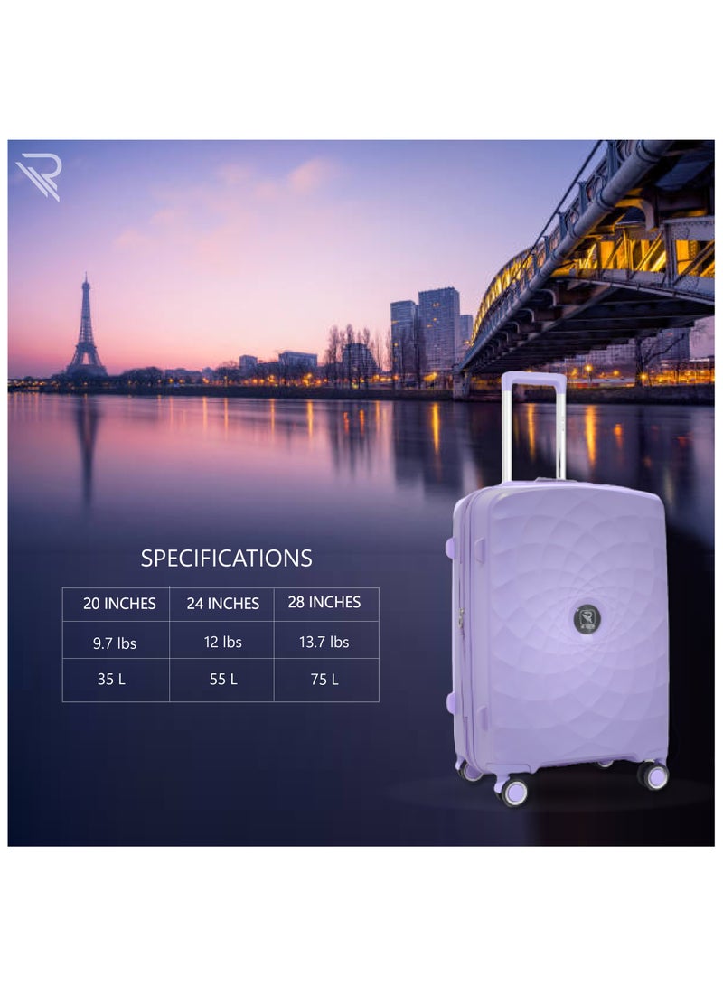 Paris 28 Inch Lilac Suitcase Luggage Trolley Bag  with Durable and Lightweight PP Hardshell 3 Level Telescopic Handle 4 Quiet 360° Wheels and TSA Lock