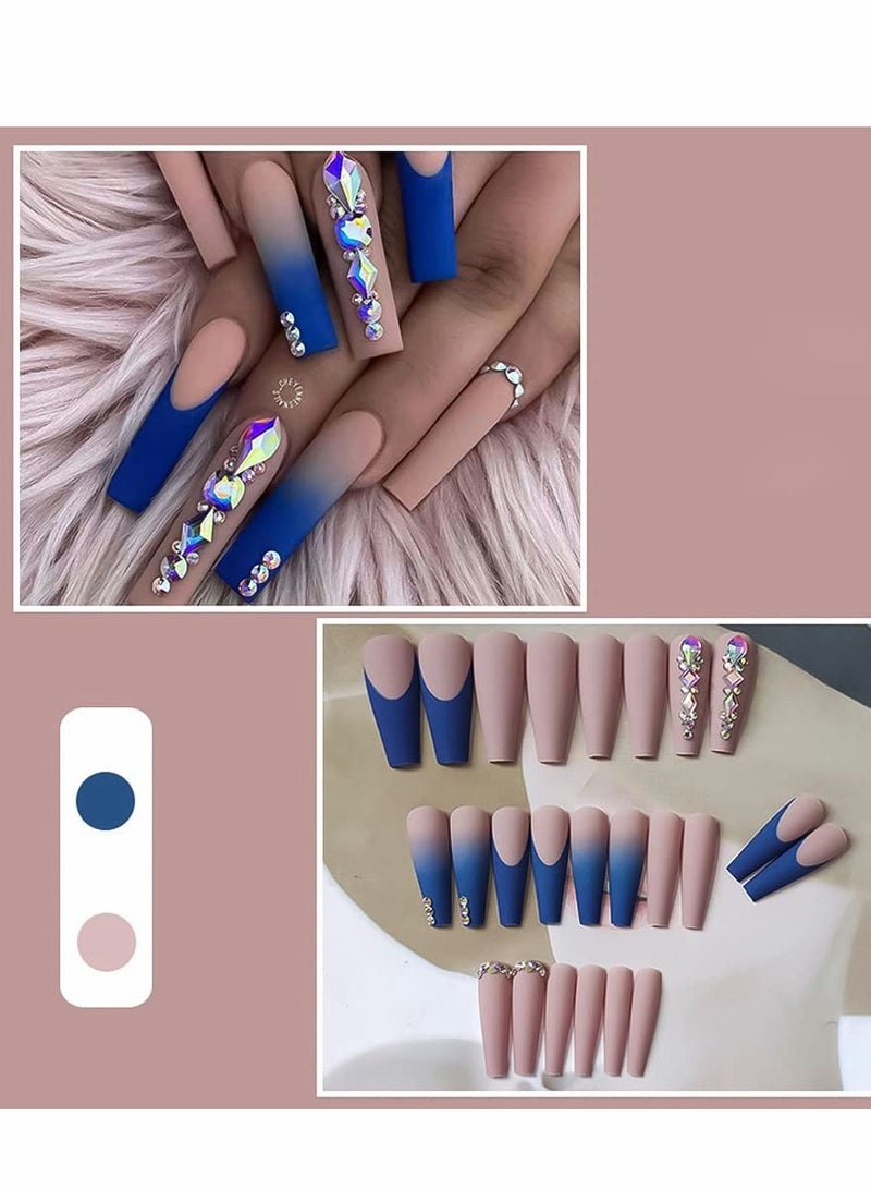 Press on Nails,  24 PCS Blue French Tip Extra Long Matte Nude Pink Ballerina Fake Nails with Rhinestones Square Coffin Glue Stick for Women Girls Finger Manicure False