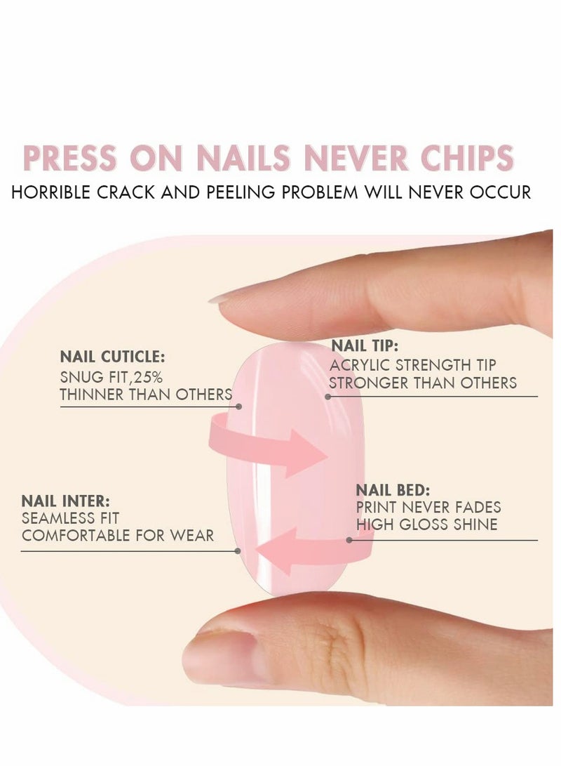 Press on Nails,  24 PCS Blue French Tip Extra Long Matte Nude Pink Ballerina Fake Nails with Rhinestones Square Coffin Glue Stick for Women Girls Finger Manicure False