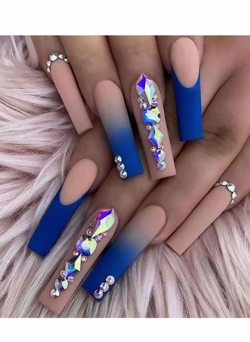 Press on Nails,  24 PCS Blue French Tip Extra Long Matte Nude Pink Ballerina Fake Nails with Rhinestones Square Coffin Glue Stick for Women Girls Finger Manicure False