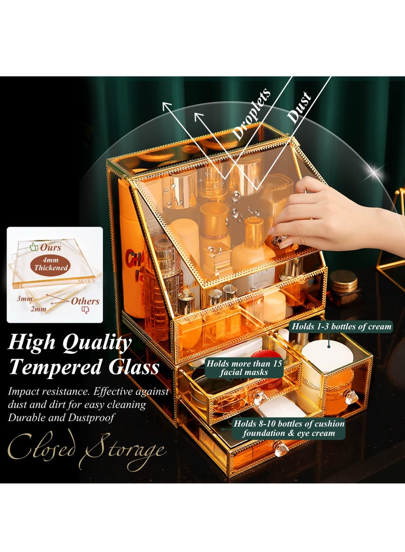 Makeup Organizer Cosmetics Organizer Skincare Organizer Makeup Organizer for Vanity,Makeup Storage Organizer,High Hardness Glass Makeup Organizer Countertop,Amber Gold