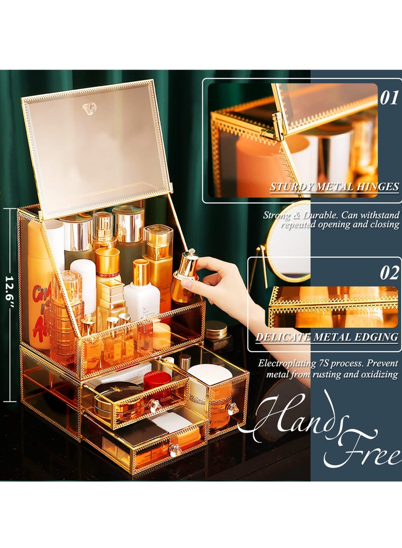 Makeup Organizer Cosmetics Organizer Skincare Organizer Makeup Organizer for Vanity,Makeup Storage Organizer,High Hardness Glass Makeup Organizer Countertop,Amber Gold