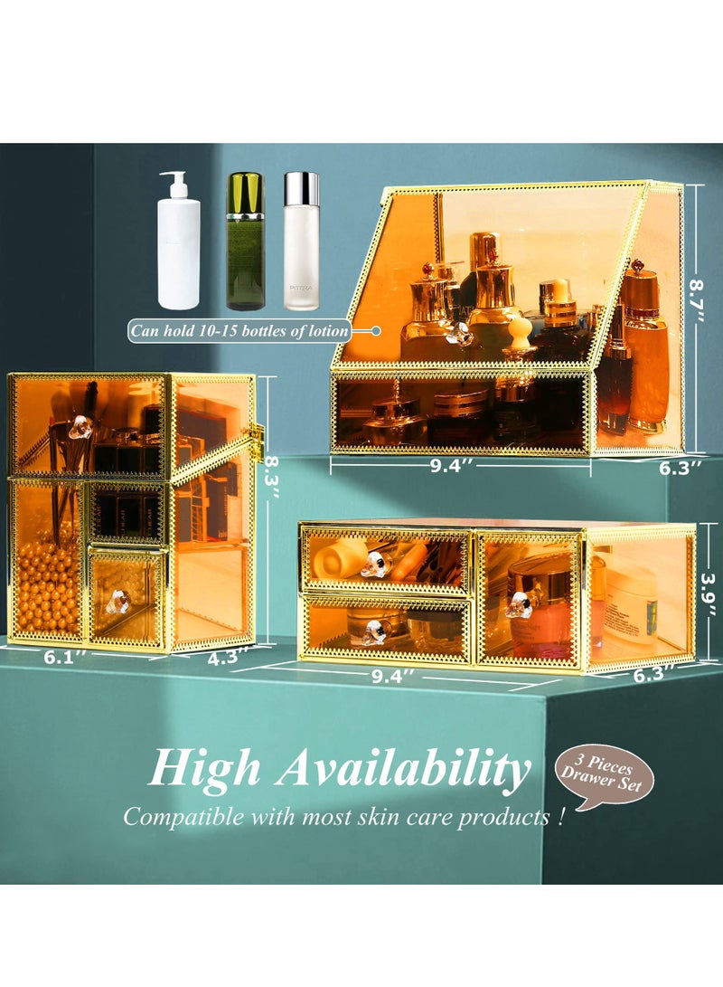 Makeup Organizer Cosmetics Organizer Skincare Organizer Makeup Organizer for Vanity,Makeup Storage Organizer,High Hardness Glass Makeup Organizer Countertop,Amber Gold