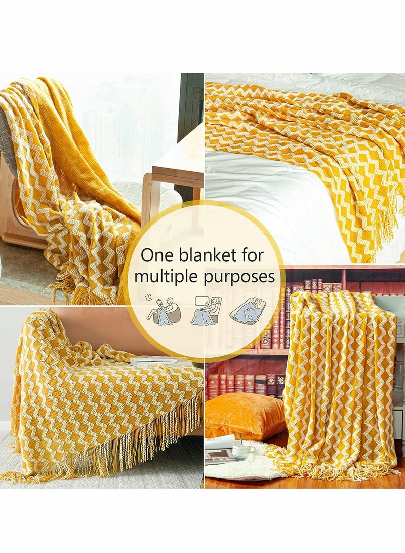 Acrylic Knitted Throw Blanket, Lightweight and Soft Decorative Woven Blanket with Tassels for Bed, Sofa, 51 x 67 Inches, Mustard Yellow Wave