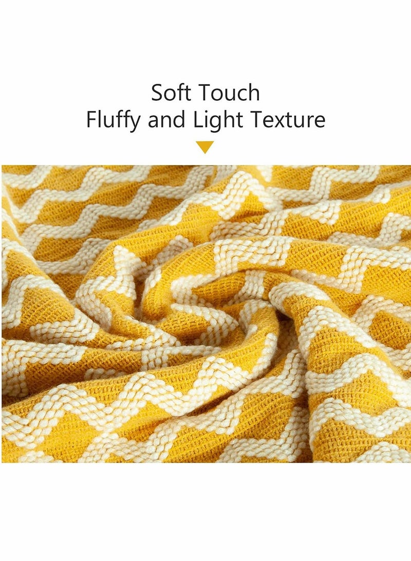 Acrylic Knitted Throw Blanket, Lightweight and Soft Decorative Woven Blanket with Tassels for Bed, Sofa, 51 x 67 Inches, Mustard Yellow Wave