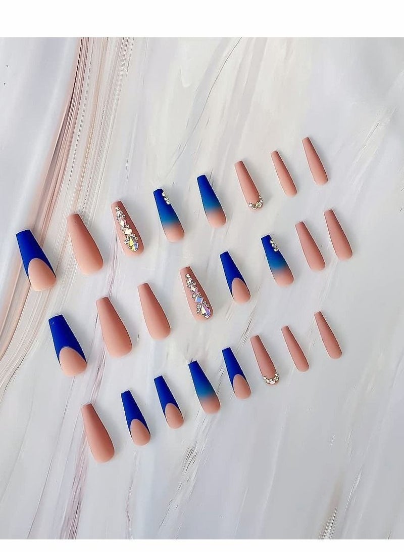 Press on Nails,  24 PCS Blue French Tip Extra Long Matte Nude Pink Ballerina Fake Nails with Rhinestones Square Coffin Glue Stick for Women Girls Finger Manicure False