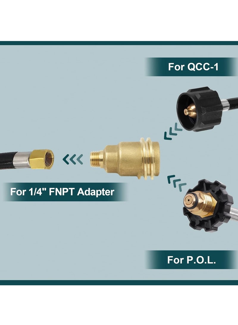 Propane Gas Fitting Adapter, QCC-1 and Female P.O.L. to 1/4'' Male Pipe Thread Converter - Solid Brass, for RV, Outdoor Cooking & Heating Appliances - Connects to Propane Tank or House Line