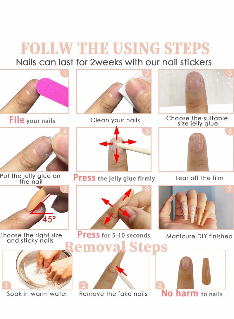 Press on Nails,  24 PCS Blue French Tip Extra Long Matte Nude Pink Ballerina Fake Nails with Rhinestones Square Coffin Glue Stick for Women Girls Finger Manicure False