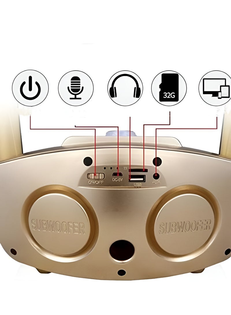 Dual Wireless Karaoke with 2 Microphone 30W Karaoke Player Dual Bluetooth 4.2 Speaker Family KTV Stereo Mic Big Sound Speaker With 2 Wireless Microphones Gold