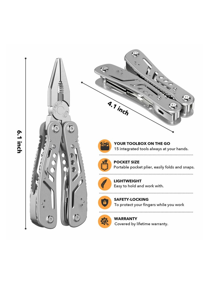 14-in-1 Multitool, Professional Stainless Steel Multi Tools with Safety Locking, Professional Stainless Steel Multitool Pliers Pocket Knife, Replaceable Bits Multitools for Outdoor, Camping