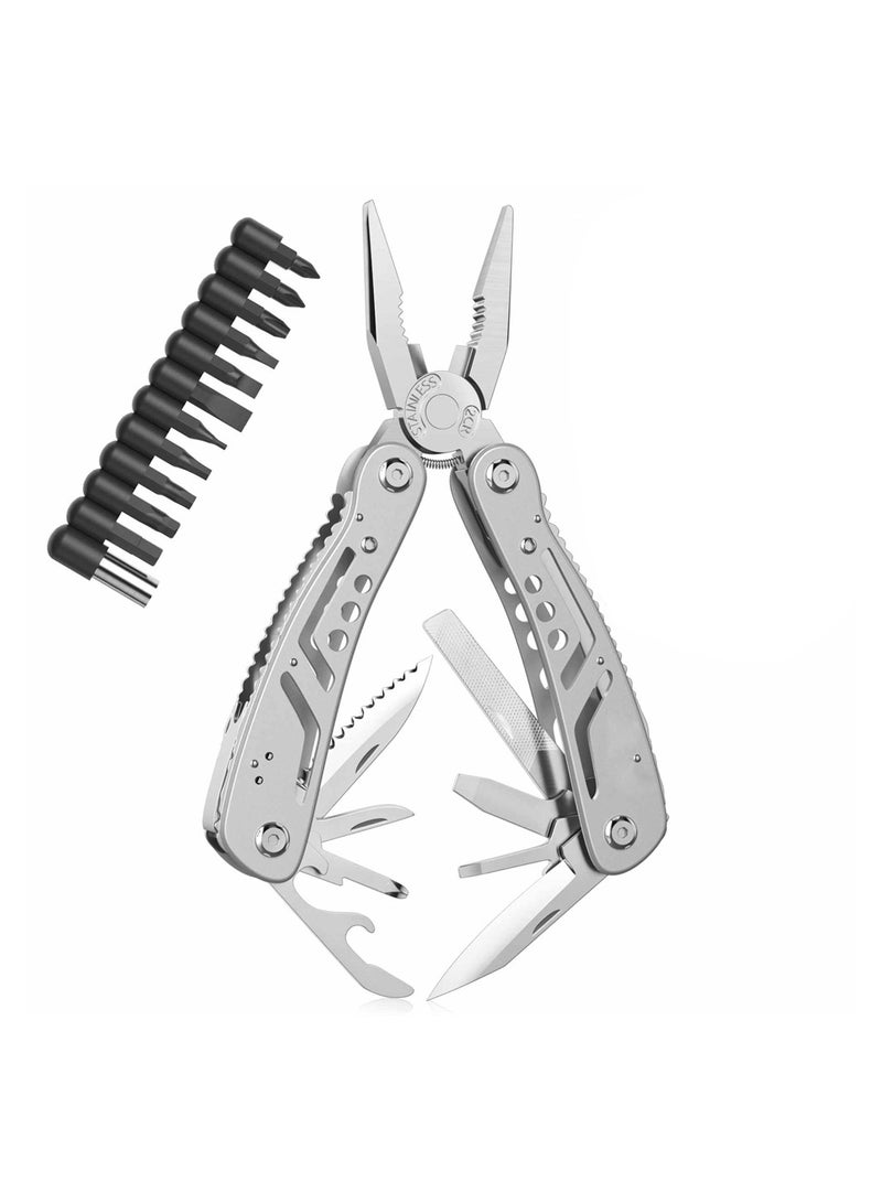 14-in-1 Multitool, Professional Stainless Steel Multi Tools with Safety Locking, Professional Stainless Steel Multitool Pliers Pocket Knife, Replaceable Bits Multitools for Outdoor, Camping