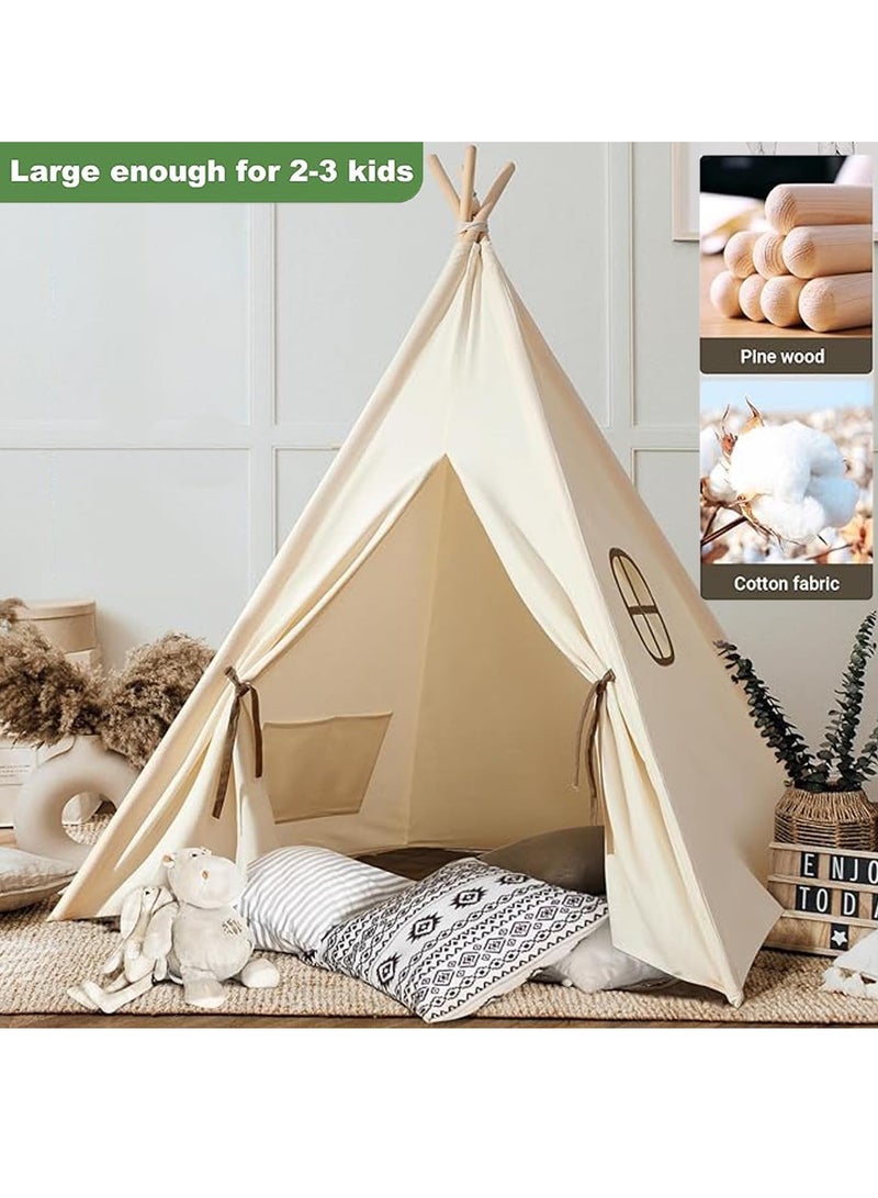 Kids Teepee Tent with Wooden Poles Kids Play Tent for Girls & Boys Natural Cotton Canvas Tent Playhouse Children Tent for Indoor Reading and Playtime - Not Include Mat (Blue)