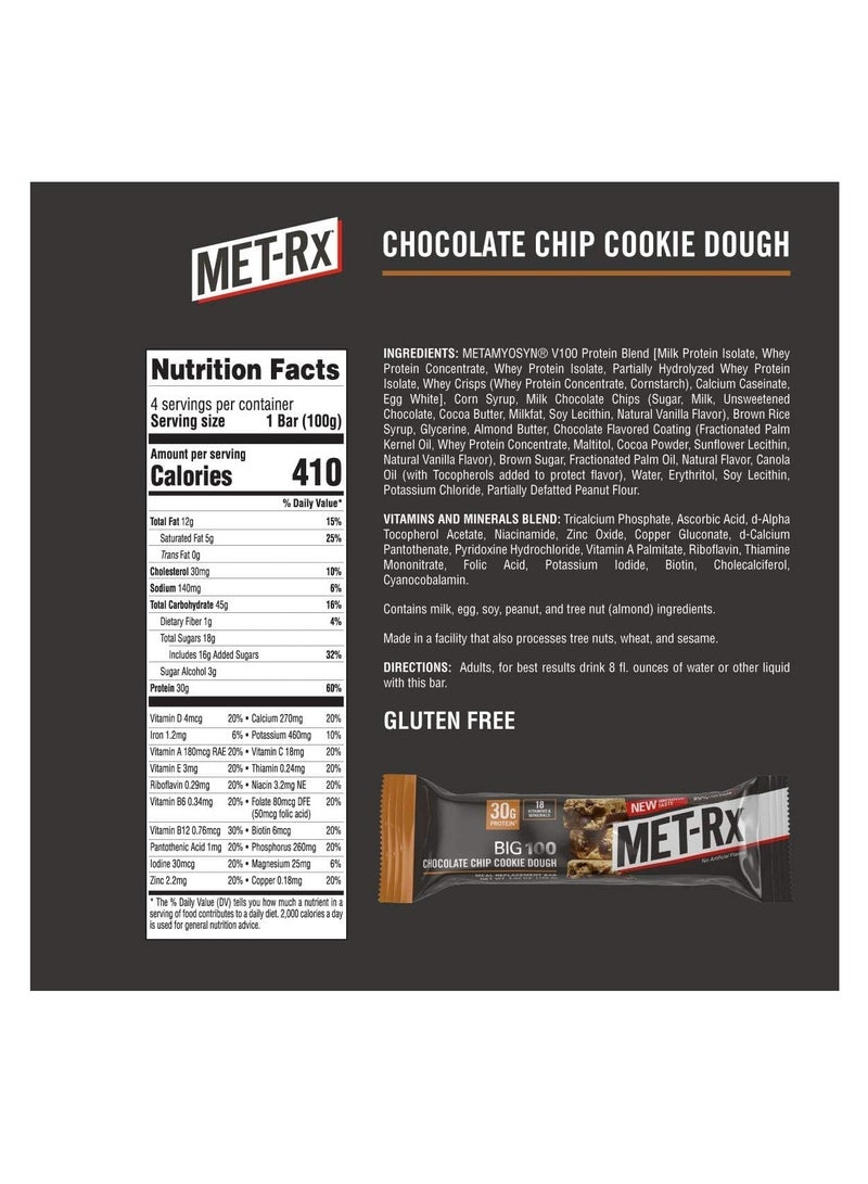 MET-Rx Big 100 Meal Replacement Protein Bar Chocolate Chip Cookie Dough Pack of 9