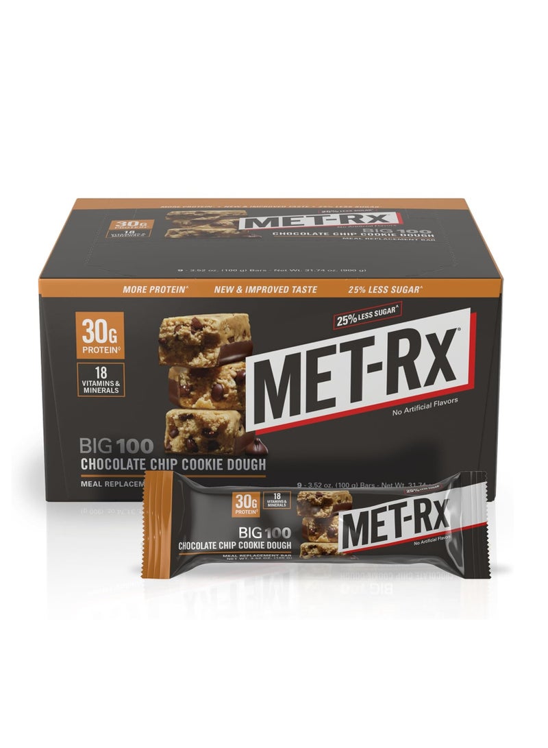 MET-Rx Big 100 Meal Replacement Protein Bar Chocolate Chip Cookie Dough Pack of 9