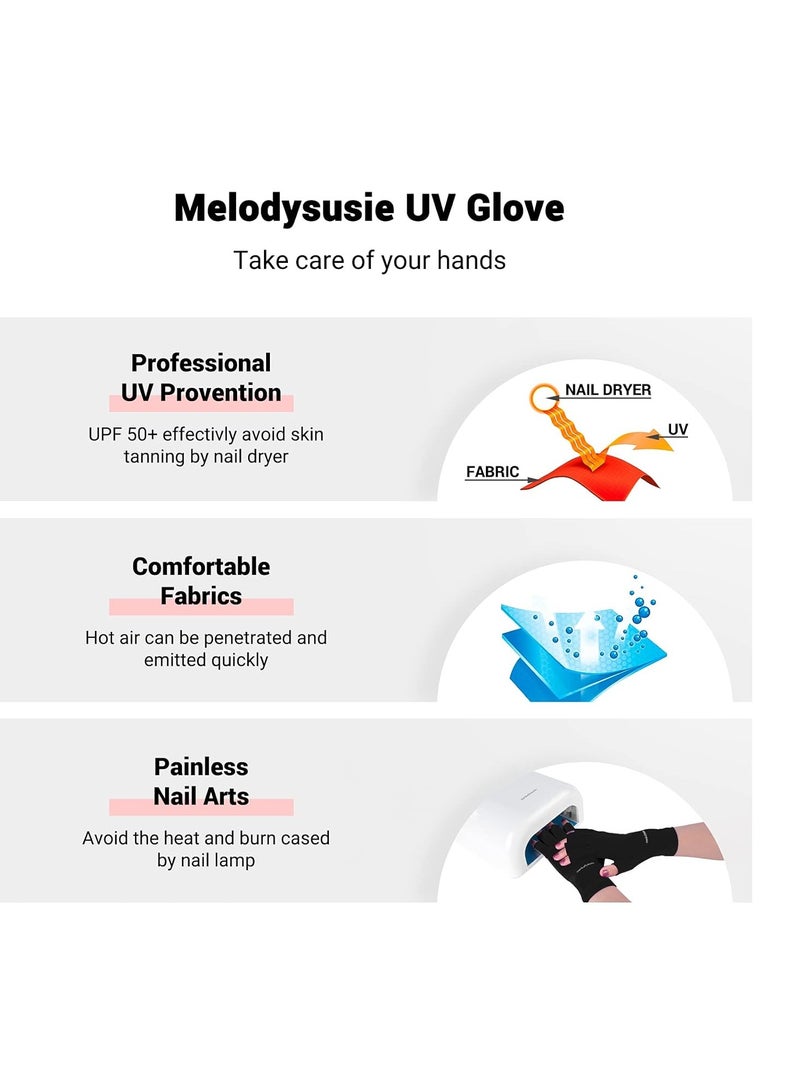 MelodySusie UV Gloves for Gel Nail Lamp, Professional UPF50+ UV Protection Gloves for Manicures, Art Skin Care Fingerless Glove for Women Men Protect Hands from Sun and Nail Dryer Harm (Black)