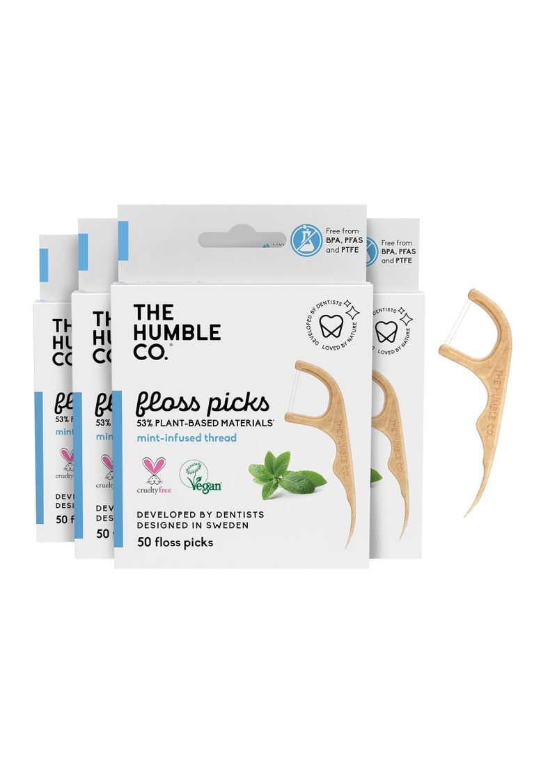 The Humble Co. Floss Picks (200 Count) – Plant Based Dental Floss Picks for Superior Oral Care, Dental Hygiene, and Gum Health, Cruelty Free Tooth Floss Picks (Mint, Double Thread)