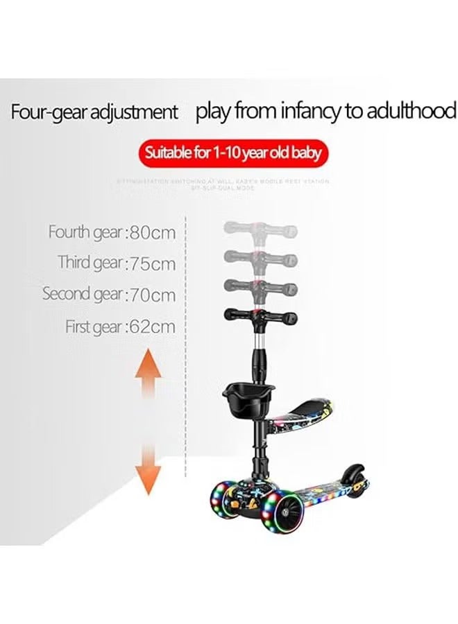 Kick Scooter, 3 Adjustable Height Foldable Scooter for Kids, Removable Seat, LED Light up Wheels and Music for Children 1-10 Years Old