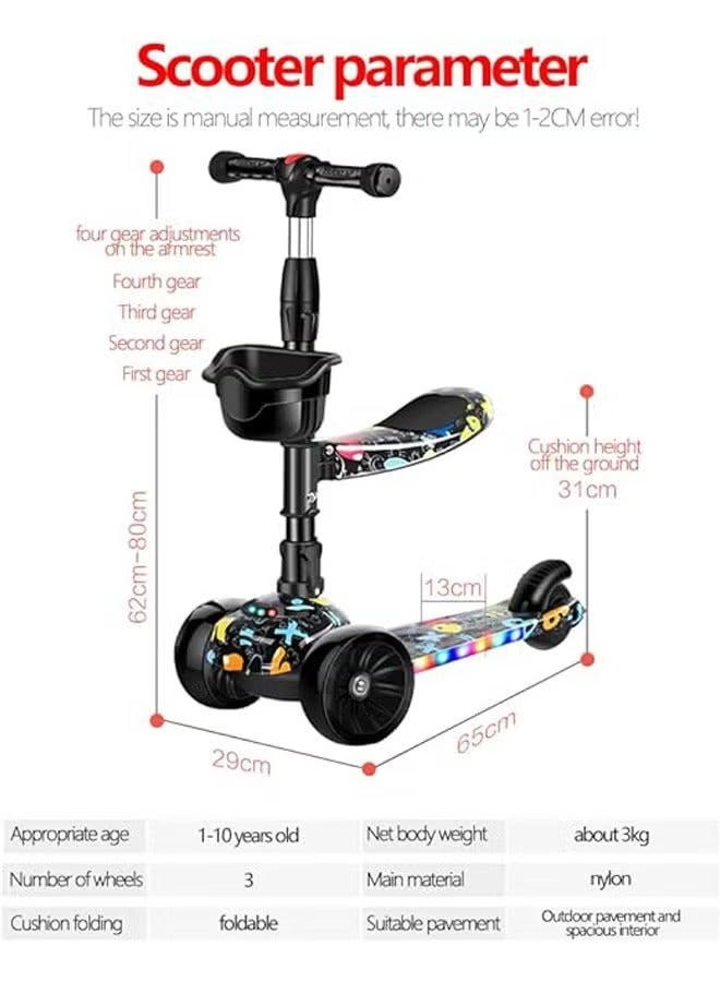 Kick Scooter, 3 Adjustable Height Foldable Scooter for Kids, Removable Seat, LED Light up Wheels and Music for Children 1-10 Years Old