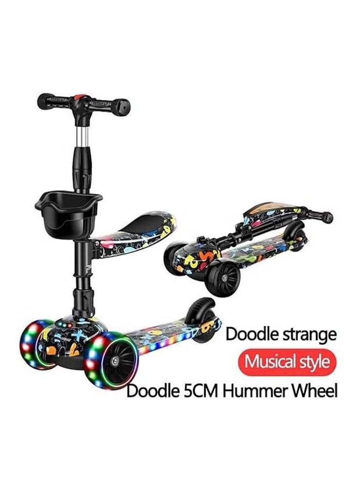 Kick Scooter, 3 Adjustable Height Foldable Scooter for Kids, Removable Seat, LED Light up Wheels and Music for Children 1-10 Years Old