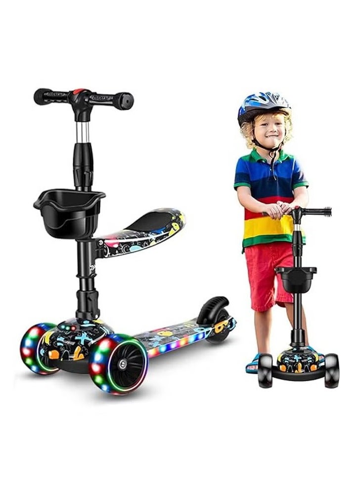 Kick Scooter, 3 Adjustable Height Foldable Scooter for Kids, Removable Seat, LED Light up Wheels and Music for Children 1-10 Years Old