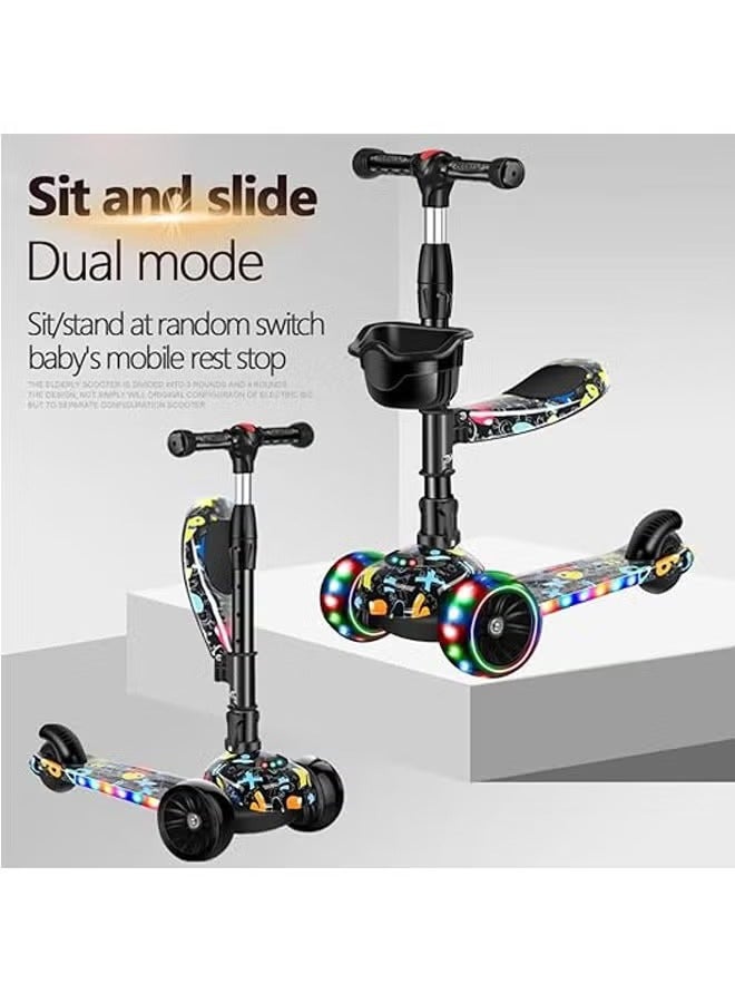 Kick Scooter, 3 Adjustable Height Foldable Scooter for Kids, Removable Seat, LED Light up Wheels and Music for Children 1-10 Years Old