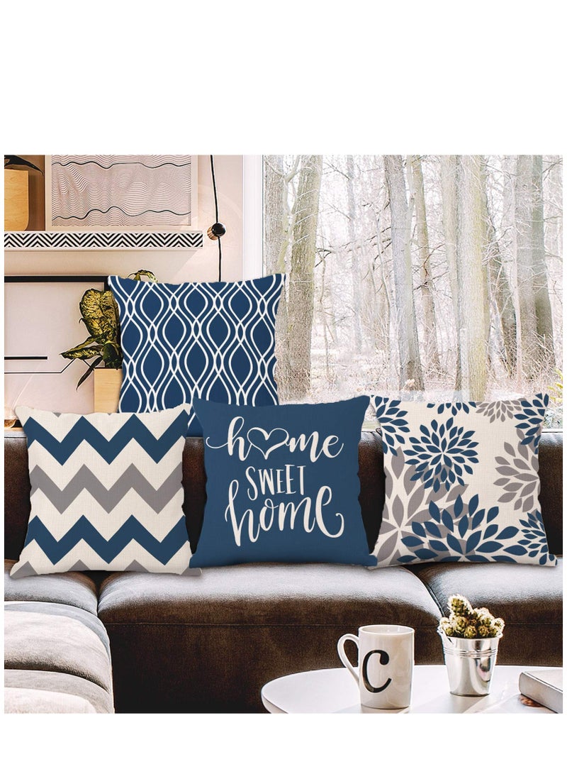 Light Blue Geometric Throw Pillow Covers 18x18 Set of 4 Decorative Couch Pillow Cover for Sofa Linen Cushion Case Outdoor Home Decoration