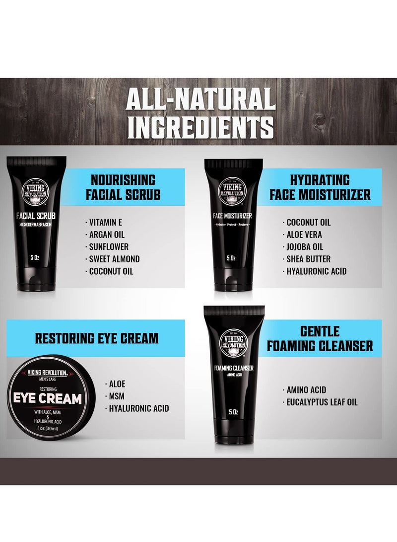 Viking Revolution Mens Facial Skin Care Kit - Includes Rejuvenating Face Moisturizer (5oz) Microdermabrasion Facial Scrub (5oz) Foaming Cleanser (5oz) Eye Cream (1oz)