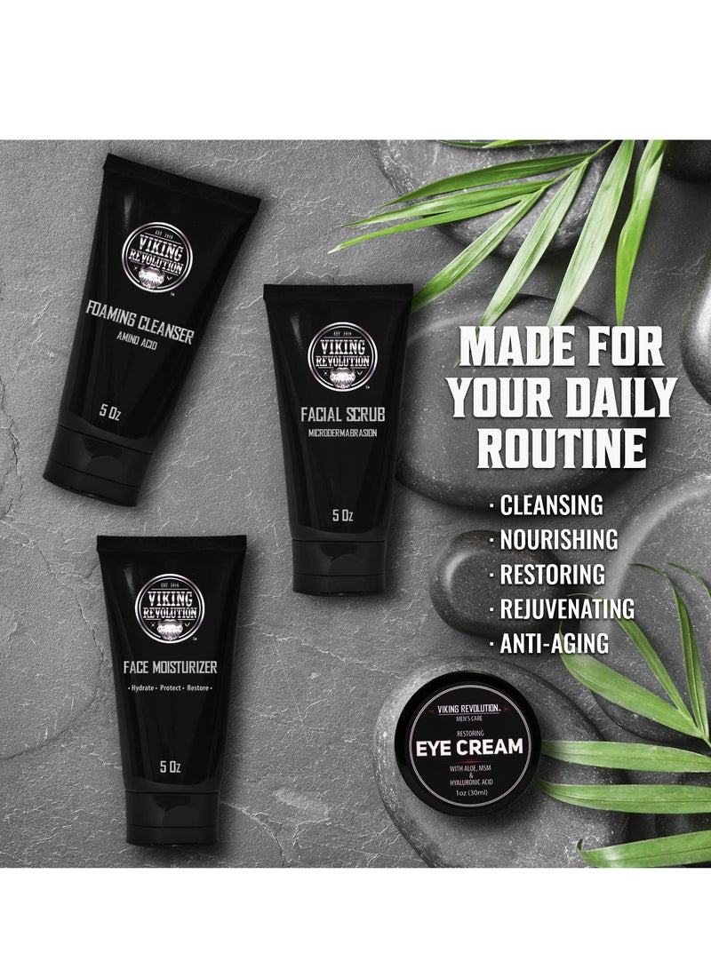 Viking Revolution Mens Facial Skin Care Kit - Includes Rejuvenating Face Moisturizer (5oz) Microdermabrasion Facial Scrub (5oz) Foaming Cleanser (5oz) Eye Cream (1oz)