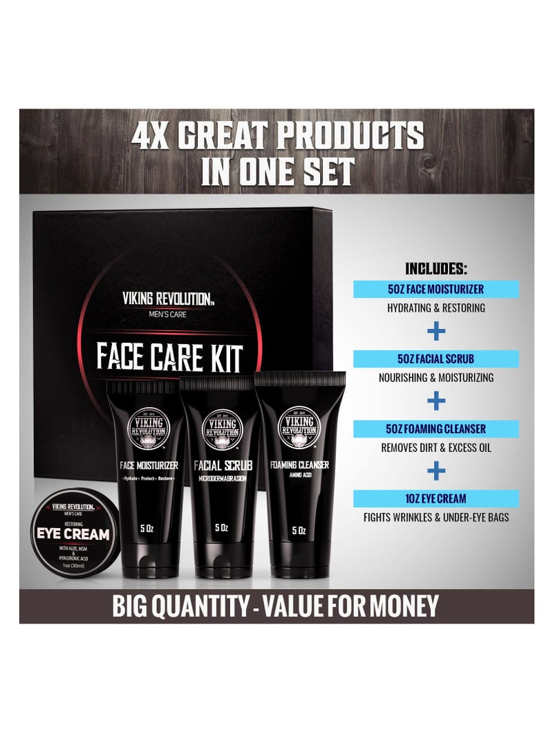 Viking Revolution Mens Facial Skin Care Kit - Includes Rejuvenating Face Moisturizer (5oz) Microdermabrasion Facial Scrub (5oz) Foaming Cleanser (5oz) Eye Cream (1oz)