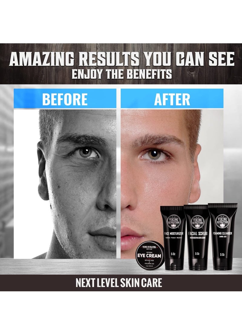 Viking Revolution Mens Facial Skin Care Kit - Includes Rejuvenating Face Moisturizer (5oz) Microdermabrasion Facial Scrub (5oz) Foaming Cleanser (5oz) Eye Cream (1oz)
