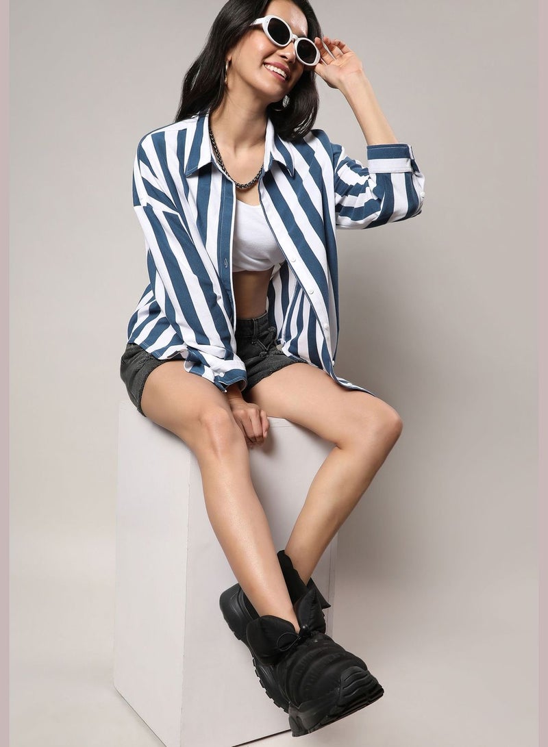 Striped Spread Collar Long Sleeve Shirt